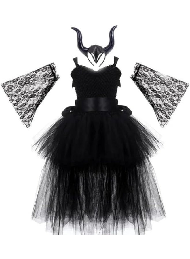 Daddy's Angel Maleficent Black Fairy Costume for Girls – Halloween Witch Dress with Horn Headpiece & Lace Sleeves | Dark Princess Cosplay Outfit - Image 1