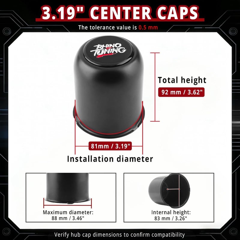 RTRHINOTUNING 4PCS 3.16" 80mm Stainless Steel Wheel Center Caps for Truck Trailer Rim Center Bore, 3.16" Hub, 3.84" Tall Matte Black Push Through Hub Caps - Image 2