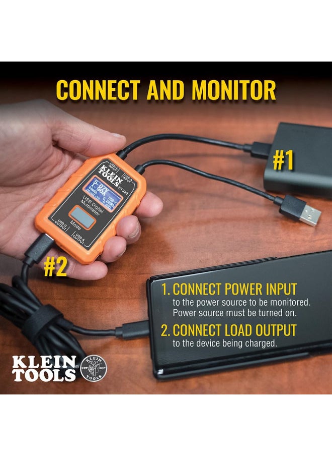 Klein Tools ET920 USB Power Meter, USB-A and USB-C Digital Meter for Voltage, Current, Capacity, Energy and Resistance