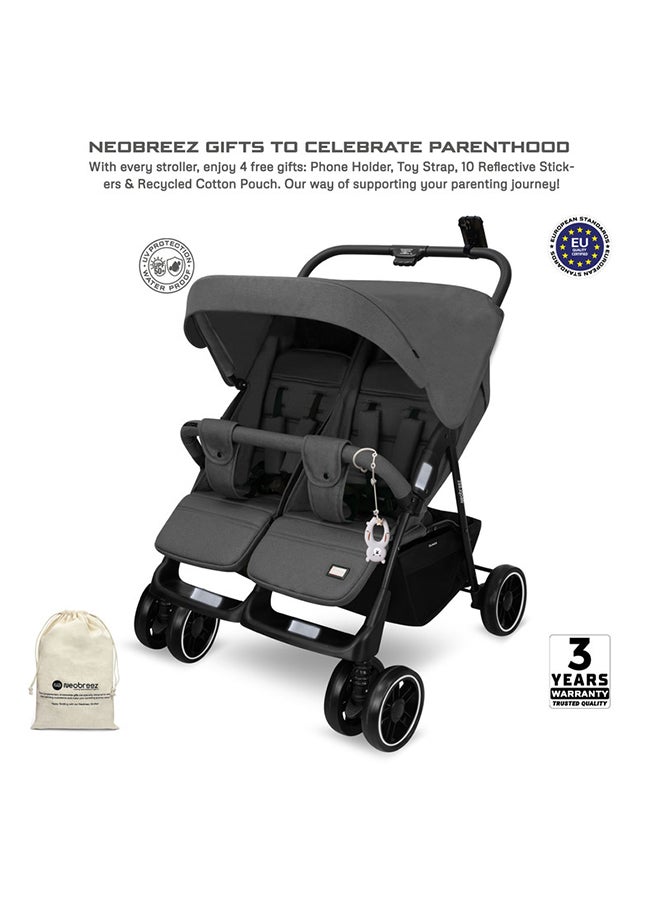neobreez DUADX Sibling/Twin/Double Side by Side Baby Toddler Stroller,  Pushchair, One-Hand Fold,  Waterproof Canopy,  Gift And String Bag, Phone Holder, Toy Strap, Reflective Sticker, 0-3yrs, 30kg, 3yrs warranty  - Image 4