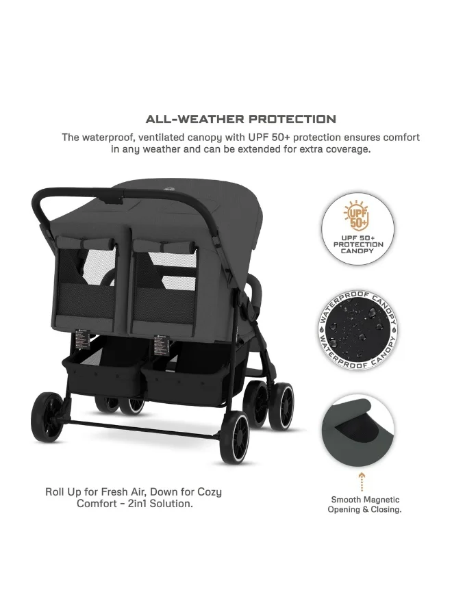 neobreez DUADX Sibling/Twin/Double Side by Side Baby Toddler Stroller,  Compact Baby Trolley Pushchair, One-Hand Fold,  Waterproof UPF 50+ Canopy, 0-3yrs,  30kg, 3yrs Warranty