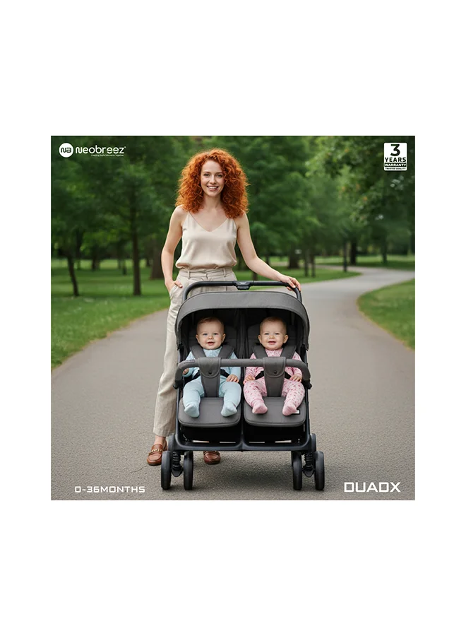 neobreez DUADX Sibling/Twin/Double Side by Side Baby Toddler Stroller,  Compact Baby Trolley Pushchair, One-Hand Fold,  Waterproof UPF 50+ Canopy, 0-3yrs,  30kg, 3yrs Warranty