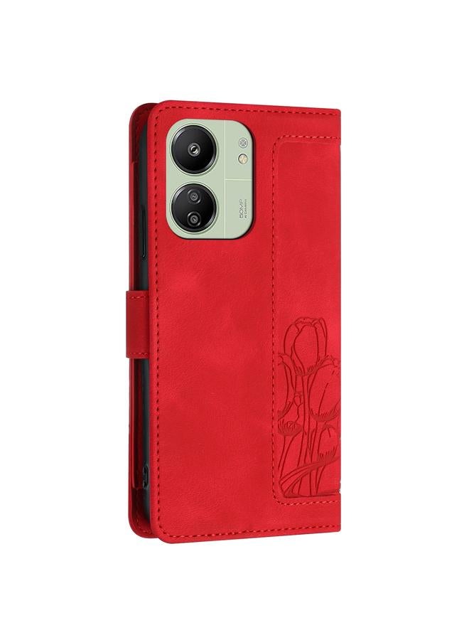 S-TOP Case For Redmi 13C 4G / 5G Tulips Embossed Leather Phone Case with Lanyard - Image 3