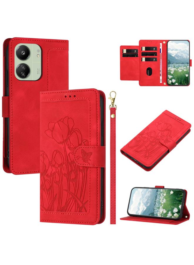 S-TOP Case For Redmi 13C 4G / 5G Tulips Embossed Leather Phone Case with Lanyard - Image 1