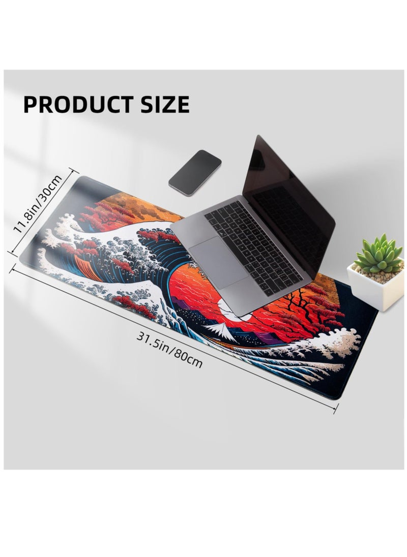 Excefore - Japanese Sea Waves Large Gaming Mouse Pad for Desk, Desk Mat with Seamed Edges, Waterproof Desk Pad, Non-Slip Rubber Base, 31.5x11.8 Inch Keyboard Pad Computer Mat, Big XL Mousepad - Image 1