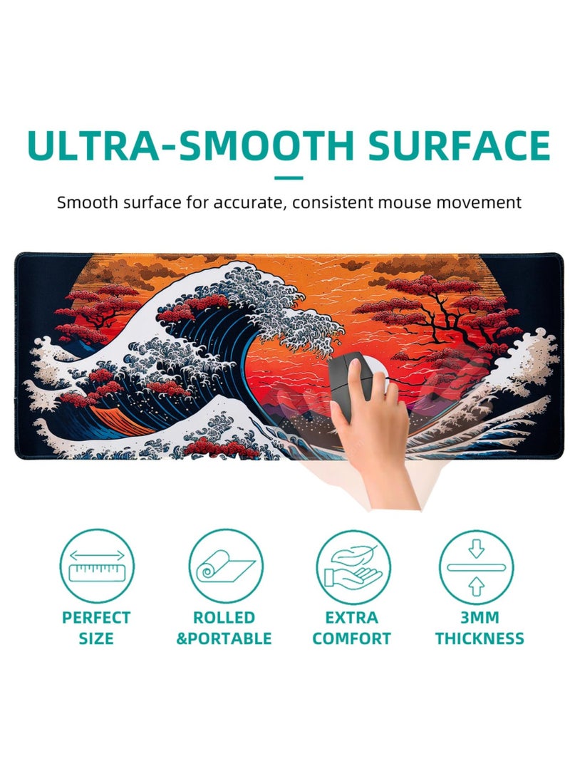Excefore - Japanese Sea Waves Large Gaming Mouse Pad for Desk, Desk Mat with Seamed Edges, Waterproof Desk Pad, Non-Slip Rubber Base, 31.5x11.8 Inch Keyboard Pad Computer Mat, Big XL Mousepad - Image 1
