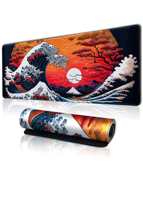 Japanese Sea Waves Large Gaming Mouse Pad for Desk, Desk Mat with Seamed Edges, Waterproof Desk Pad, Non-Slip Rubber Base, 31.5x11.8 Inch Keyboard Pad Computer Mat, Big XL Mousepad