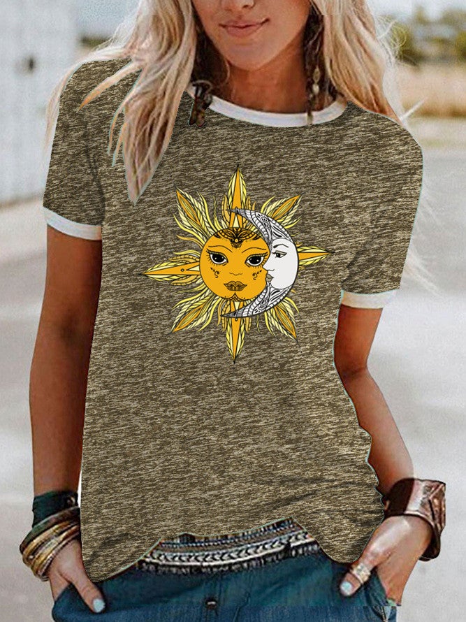 wish Sun Moon Pattern Printed Short-sleeved T-shirt for Women - Image 3