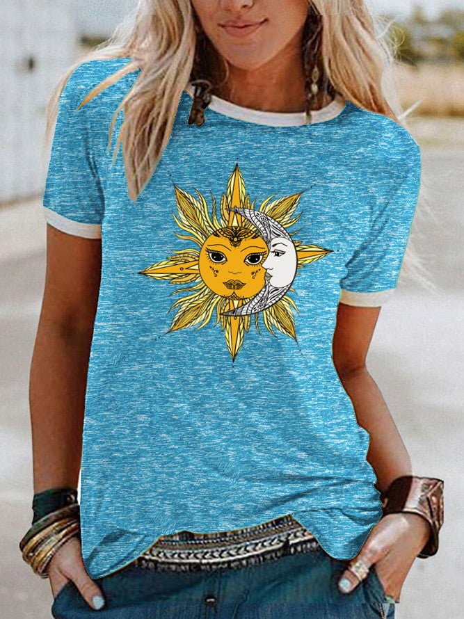 wish Sun Moon Pattern Printed Short-sleeved T-shirt for Women - Image 5