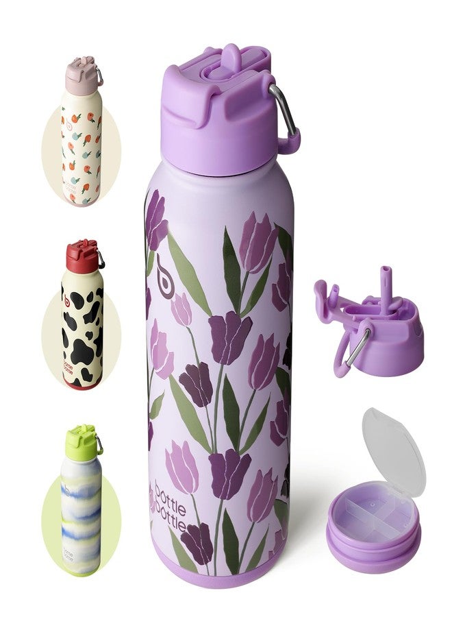 bottle bottle زجاجة ماء من الفولاذ المقاوم للصدأ سعة 1 لتر من بوتلبوتل مع ماصة، زجاجة معزولة مانعة للتسرب للرياضة والنادي الرياضي، مع حجرة للأدوية، خالية من مادة BPA، ذات جدار مزدوج (زهرة التوليب الأرجوانية) - Image 1