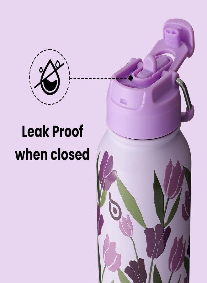 bottle bottle زجاجة ماء من الفولاذ المقاوم للصدأ سعة 1 لتر من بوتلبوتل مع ماصة، زجاجة معزولة مانعة للتسرب للرياضة والنادي الرياضي، مع حجرة للأدوية، خالية من مادة BPA، ذات جدار مزدوج (زهرة التوليب الأرجوانية) - Image 4