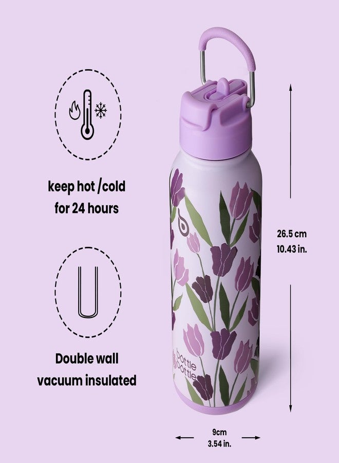 bottle bottle زجاجة ماء من الفولاذ المقاوم للصدأ سعة 1 لتر من بوتلبوتل مع ماصة، زجاجة معزولة مانعة للتسرب للرياضة والنادي الرياضي، مع حجرة للأدوية، خالية من مادة BPA، ذات جدار مزدوج (زهرة التوليب الأرجوانية) - Image 5