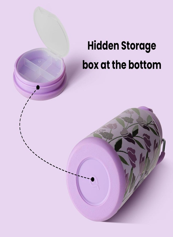 bottle bottle زجاجة ماء من الفولاذ المقاوم للصدأ سعة 1 لتر من بوتلبوتل مع ماصة، زجاجة معزولة مانعة للتسرب للرياضة والنادي الرياضي، مع حجرة للأدوية، خالية من مادة BPA، ذات جدار مزدوج (زهرة التوليب الأرجوانية) - Image 2