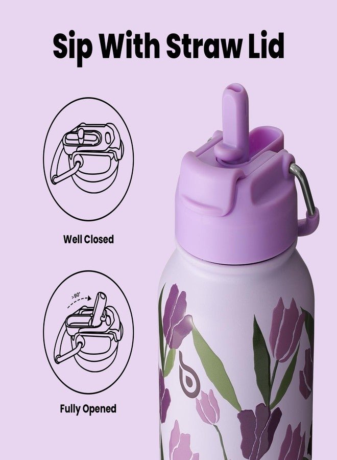 bottle bottle زجاجة ماء من الفولاذ المقاوم للصدأ سعة 1 لتر من بوتلبوتل مع ماصة، زجاجة معزولة مانعة للتسرب للرياضة والنادي الرياضي، مع حجرة للأدوية، خالية من مادة BPA، ذات جدار مزدوج (زهرة التوليب الأرجوانية) - Image 3