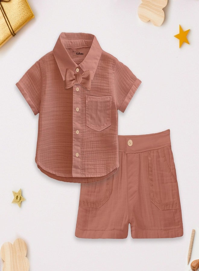 Kidbea® 100% Linen Shirt & Pant Co-ord Set for Kids | Elegant & Comfortable Summer Wear | Stylish Short-Sleeve Shirt with Bow & Comfy Shorts (Rust, 2-3 Years) - Image 4