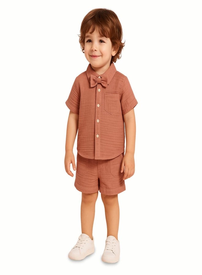 Kidbea® 100% Linen Shirt & Pant Co-ord Set for Kids | Elegant & Comfortable Summer Wear | Stylish Short-Sleeve Shirt with Bow & Comfy Shorts (Rust, 2-3 Years) - Image 1