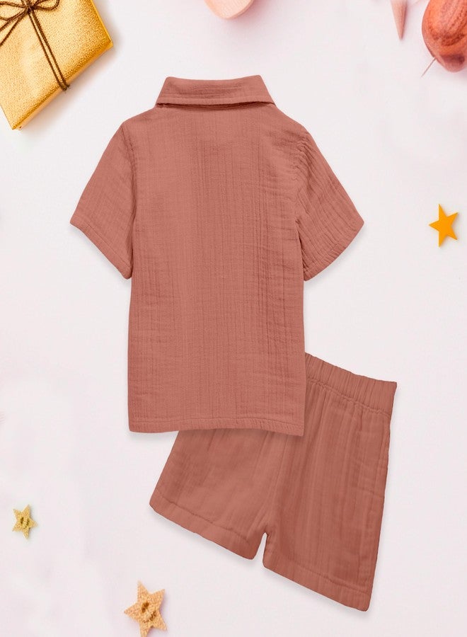 Kidbea® 100% Linen Shirt & Pant Co-ord Set for Kids | Elegant & Comfortable Summer Wear | Stylish Short-Sleeve Shirt with Bow & Comfy Shorts (Rust, 2-3 Years) - Image 3