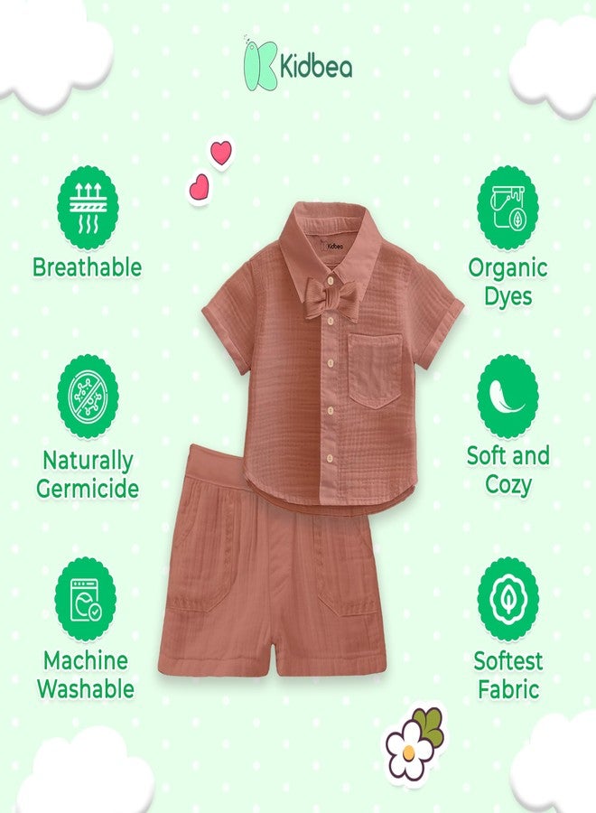 Kidbea® 100% Linen Shirt & Pant Co-ord Set for Kids | Elegant & Comfortable Summer Wear | Stylish Short-Sleeve Shirt with Bow & Comfy Shorts (Rust, 2-3 Years) - Image 5