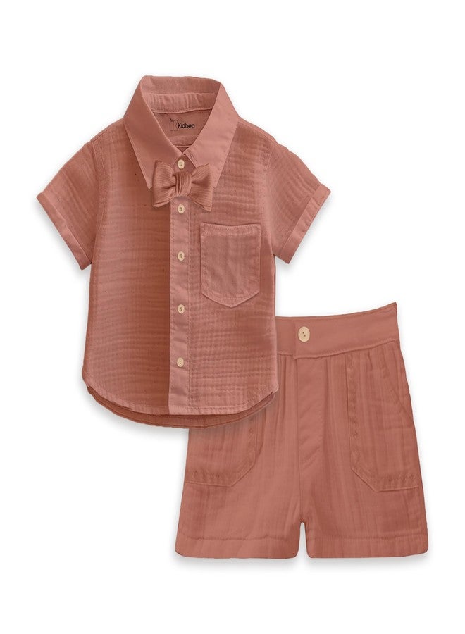 Kidbea® 100% Linen Shirt & Pant Co-ord Set for Kids | Elegant & Comfortable Summer Wear | Stylish Short-Sleeve Shirt with Bow & Comfy Shorts (Rust, 2-3 Years) - Image 2
