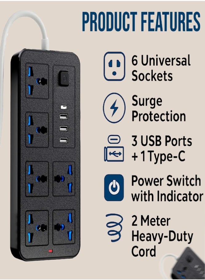 BELLSBERRY موزع طاقة متعدد المآخذ مع منافذ USB وحماية من زيادة التيار للاستخدام المنزلي والمكتبي - Image 2