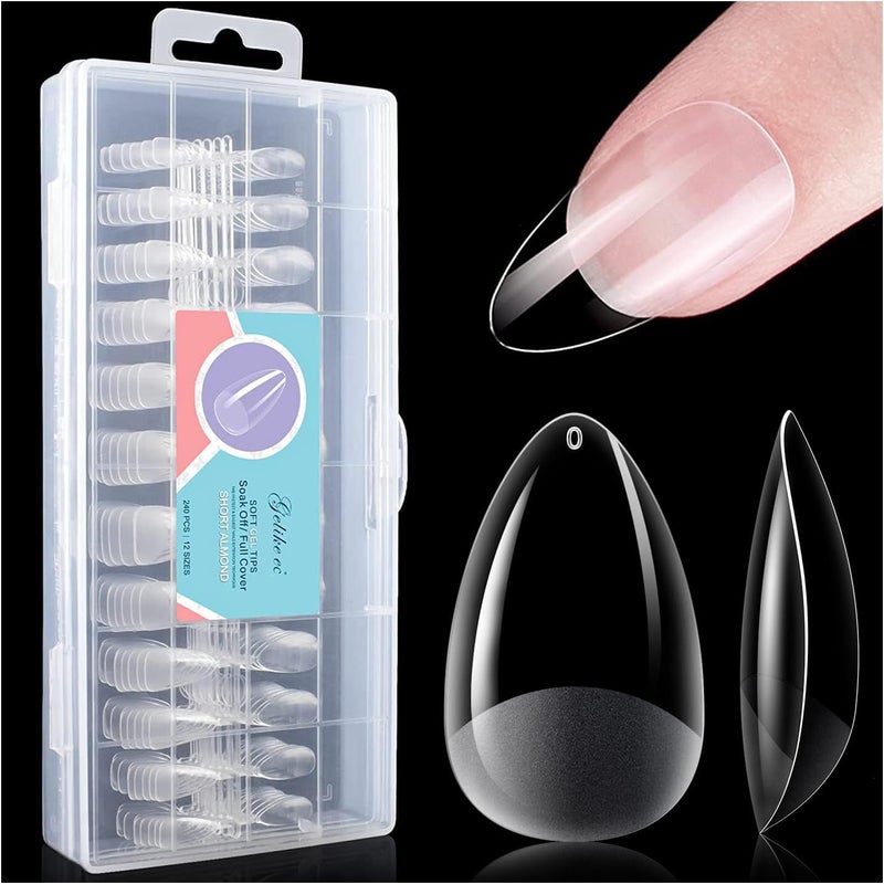 Gelike EC False Nail Tip Kit, Soft Gel Full Cover for Soak Off Nail Extensions, Clear Gelly Tips Pre-buff PMMA False Press on Nail Tips, 12 Sizes-SHORT ALMOND 240PCS - Image 1