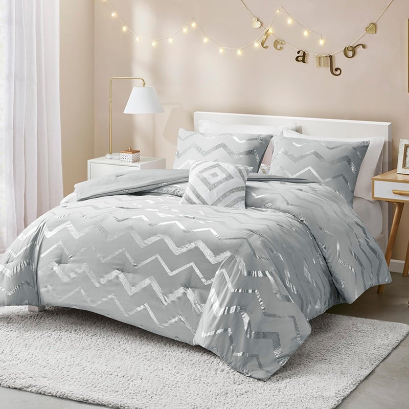 Codi Silver and Grey Bedroom Set, Gray Girls Bedding Comforter Sets Queen and Full Size, 4 Pieces for Women - All Seasons Warm - Image 1