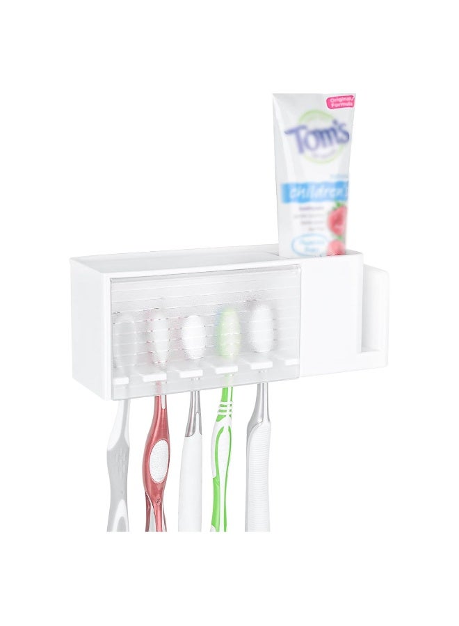 Wallmount Toothbrush Holder, 5 Slots with Cover, Plastic Multifunctional Toothpaste Toothbrush Organizer, Compatible with Oral-B Cross Action, Colgate Renewal, for Shower, RV, Camper(White)  - Image 1