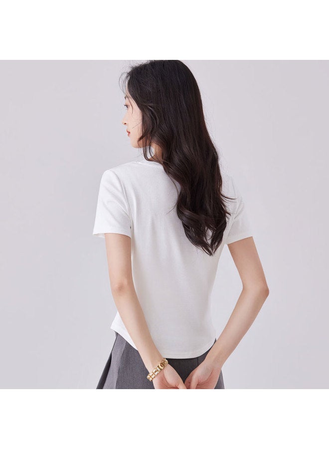 Casual Round Neck Short Sleeve T-shirt Women's Summer New Slim Fit Irregular Hem Short White M