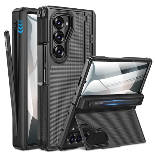 Caka for Samsung Galaxy Z Fold 6 Case [Thinner S Pen Holder] [Hidden Kickstand] [Hinge Protection] [Screen Protector] Full Body Hard Shockproof Phone Cover with Anti-Slip Textured for Fold6 - Black - Image 1