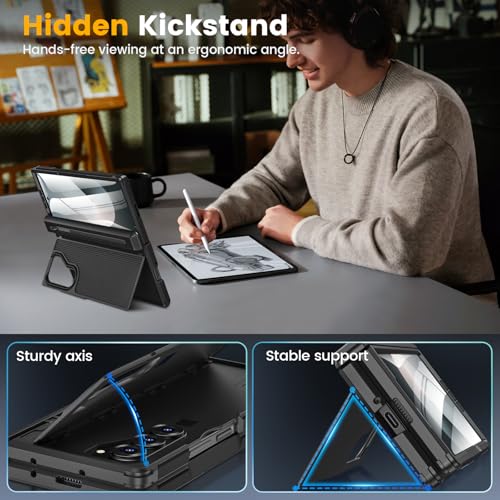Caka for Samsung Galaxy Z Fold 6 Case [Thinner S Pen Holder] [Hidden Kickstand] [Hinge Protection] [Screen Protector] Full Body Hard Shockproof Phone Cover with Anti-Slip Textured for Fold6 - Black - Image 2