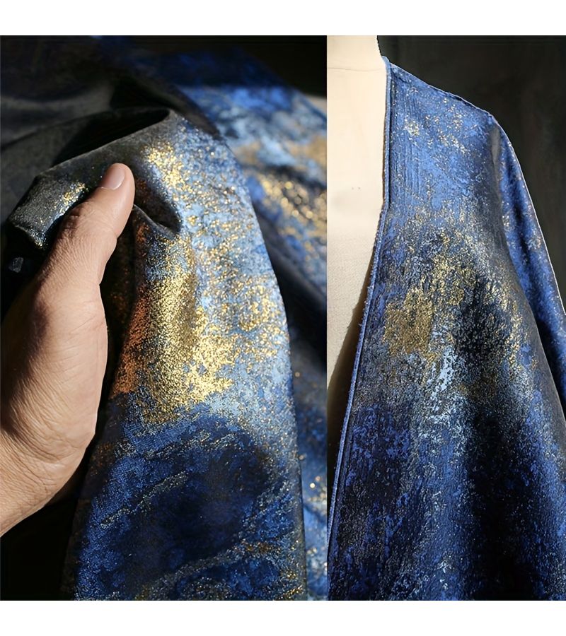 1 Yard NOON 28 Inch Wide Metallic Blue And Gold Jacquard Brocade Fabric Shimmer Abstract Design Upholstery Craft Fabric For Evening Dress Stage Costume Sewing Cushion Pillow And Crafts