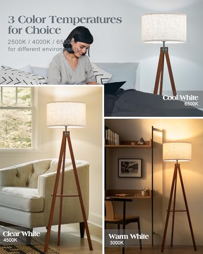 ELYONA Mid Century Floor Lamp with 3 Color Temperatures LED Bulb, Modern Wood Tripod Table Reading Standing Light, Wooden Shelf Floor Lamp for Farmhouse Living Room Bedroom Office Linen Shade Brown - Image 2
