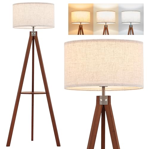 ELYONA Mid Century Floor Lamp with 3 Color Temperatures LED Bulb, Modern Wood Tripod Table Reading Standing Light, Wooden Shelf Floor Lamp for Farmhouse Living Room Bedroom Office Linen Shade Brown - Image 1