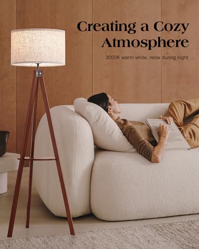 ELYONA Mid Century Floor Lamp with 3 Color Temperatures LED Bulb, Modern Wood Tripod Table Reading Standing Light, Wooden Shelf Floor Lamp for Farmhouse Living Room Bedroom Office Linen Shade Brown - Image 4