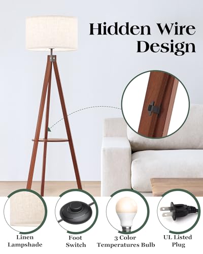 ELYONA Mid Century Floor Lamp with 3 Color Temperatures LED Bulb, Modern Wood Tripod Table Reading Standing Light, Wooden Shelf Floor Lamp for Farmhouse Living Room Bedroom Office Linen Shade Brown - Image 5