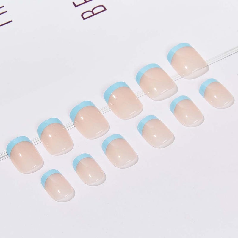 RikView Press on French Tip Nails Oval Tips Glossy Fake/ False Nails with Design Full Cover Acrylic Nails (Blue) - Image 2