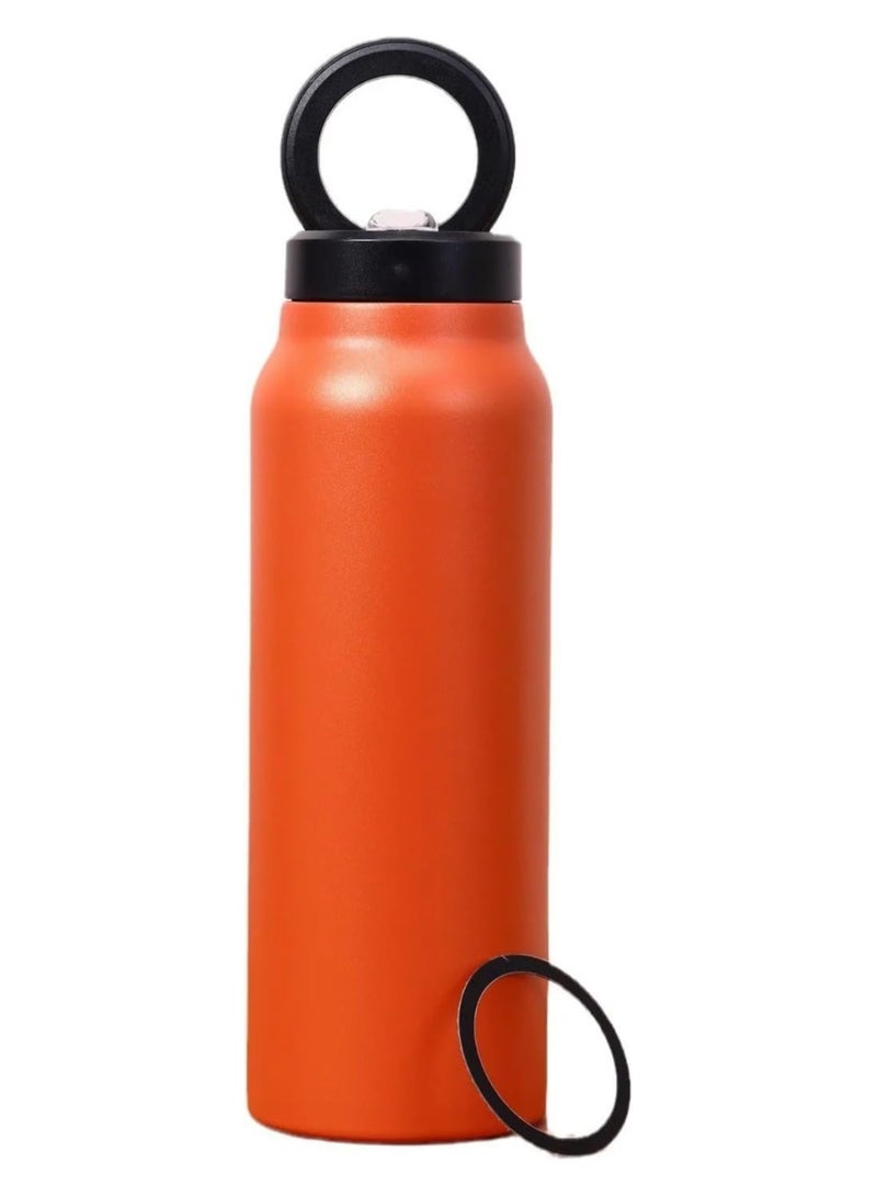 بيتشو زجاجة مياه مفرغة مع غطاء من القش وحامل هاتف مغناطيسي، زجاجة مياه من الفولاذ المقاوم للصدأ، زجاجة ترمس مزدوجة الجدار 800 مل برتقالي - Image 2