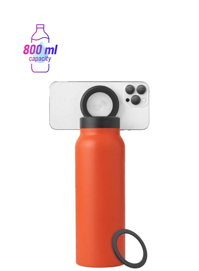 بيتشو زجاجة مياه مفرغة مع غطاء من القش وحامل هاتف مغناطيسي، زجاجة مياه من الفولاذ المقاوم للصدأ، زجاجة ترمس مزدوجة الجدار 800 مل برتقالي - Image 1