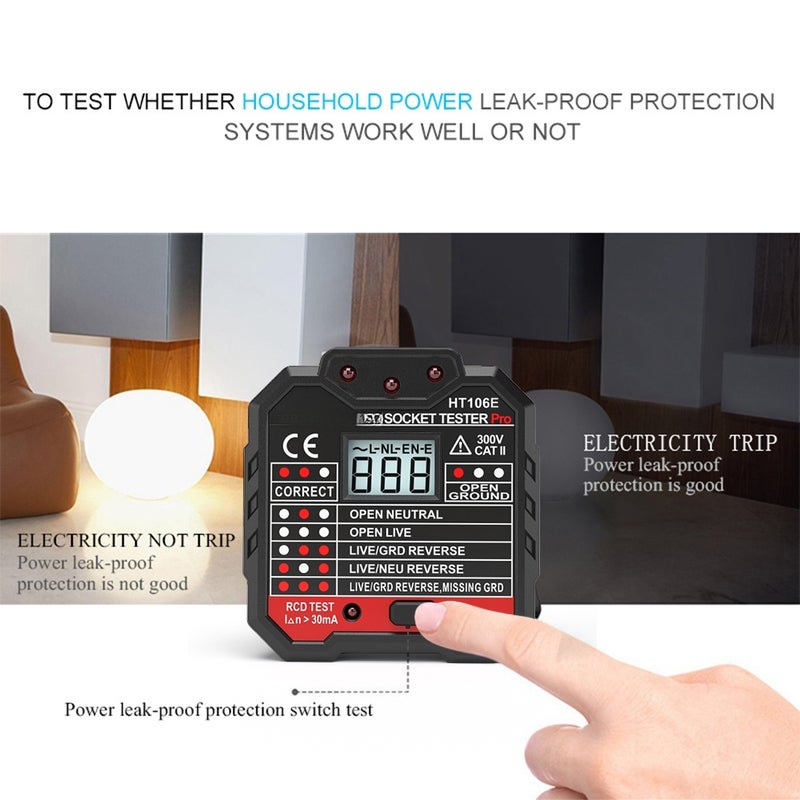 HABOTEST Advanced RCD Electric Socket Tester Automatic Neutral Live Earth Wire Testing Circuit Polarity Detector Wall Plug Breaker Finder Electric Leakage Test with Voltage Backlight LCD Display - Image 4