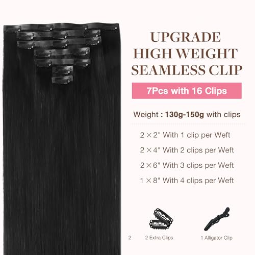 Googoo GOO GOO Clip in Hair Extensions Real Human Hair, Remy Human Hair Extensions Clip ins for Women, Natural Human Hair, 16inch 130g 7Pcs, 1B Natural black - Image 2