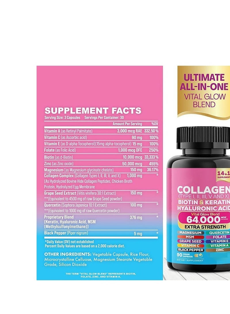 Collagen Collagen Pills Peptides Types I, II, III, V & X MCG Biotin Keratin Hyaluronic Acid MSM Vitamin A Vitamin C Vitamin E Folic Acid Zinc Magnesium with Grape Seed Extract, Quercetin 90 Caps - Image 4