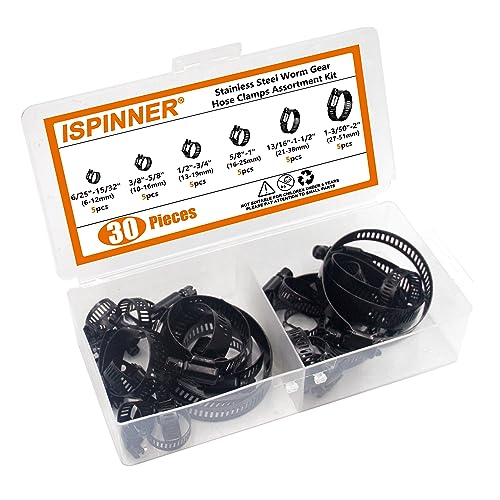 ISPINNER 30pcs Black Hose Clamps 6-51mm(1/4"-2") Adjustable Range 304 Stainless Steel Worm Gear Hose Clamps 6 Sizes Assortment Kit for Plumbing, Automotive, Mechanical Applications (Black) - Image 5