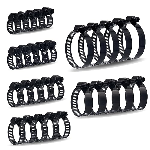 ISPINNER 30pcs Black Hose Clamps 6-51mm(1/4"-2") Adjustable Range 304 Stainless Steel Worm Gear Hose Clamps 6 Sizes Assortment Kit for Plumbing, Automotive, Mechanical Applications (Black) - Image 1