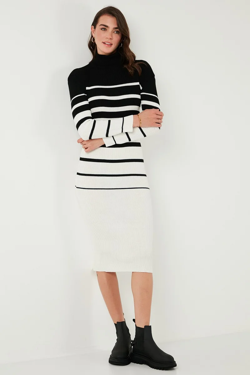 Lela Striped Wool Blend Turtleneck Midi Length Dress Women's DRESS 66910251