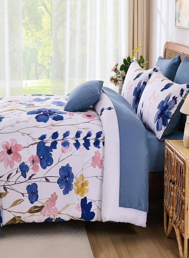 Anibedding Blue Floral Comforter Set King Size, 8 Piece Botanical Flower Bed in a Bag, Reversible Design Comforter, Soft Microfiber Complete Bedding Sets for All Season (Blue,90"x104") - Image 4