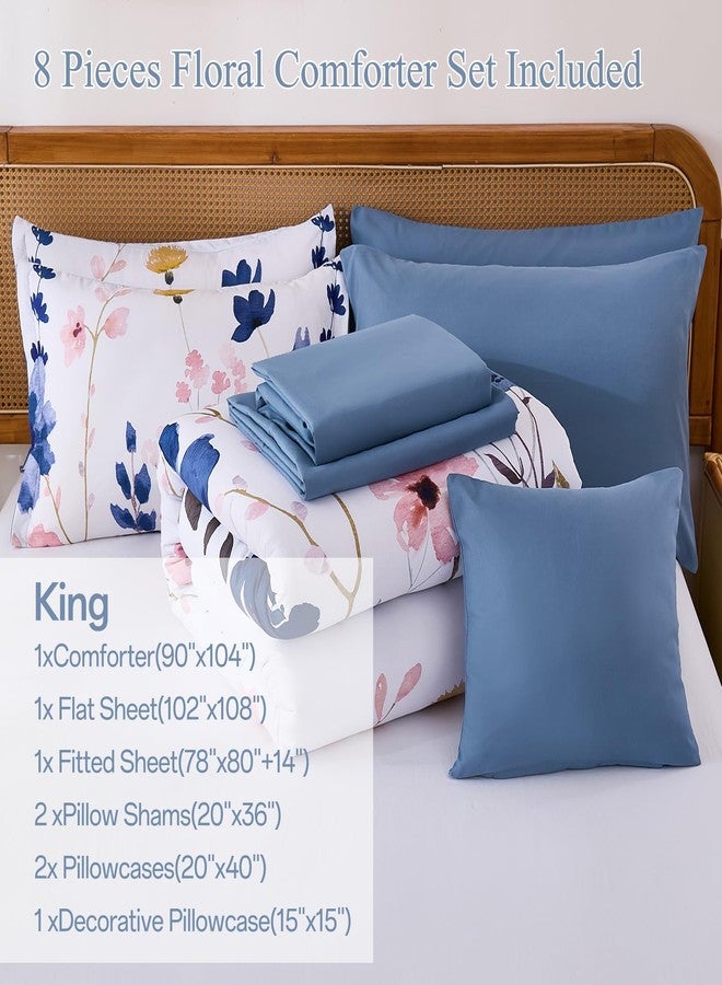 Anibedding Blue Floral Comforter Set King Size, 8 Piece Botanical Flower Bed in a Bag, Reversible Design Comforter, Soft Microfiber Complete Bedding Sets for All Season (Blue,90"x104") - Image 5