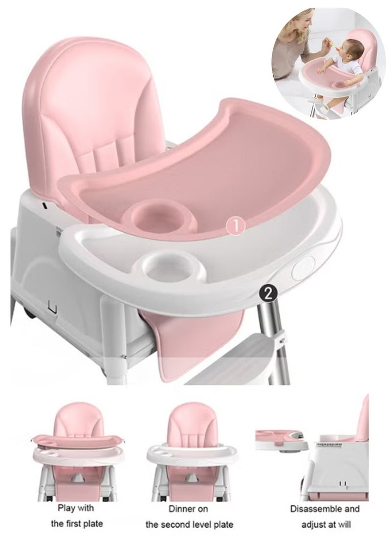 PURADAY Baby High Chair Convertible High Chairs for Babies and Toddlers Toddler Feeding Chair with Double Removable Tray The Perfect Travel High Chair for Easy Baby Feeding Foldable Baby Dining Chair Pink  - Image 2