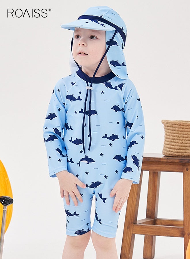 roaiss Boys Swimsuit with Hat, Toddlers One Piece Swimwear with Back Zipper, Quick-drying Rash Guard Surfing Suit with Adorable Patterns  - Image 2