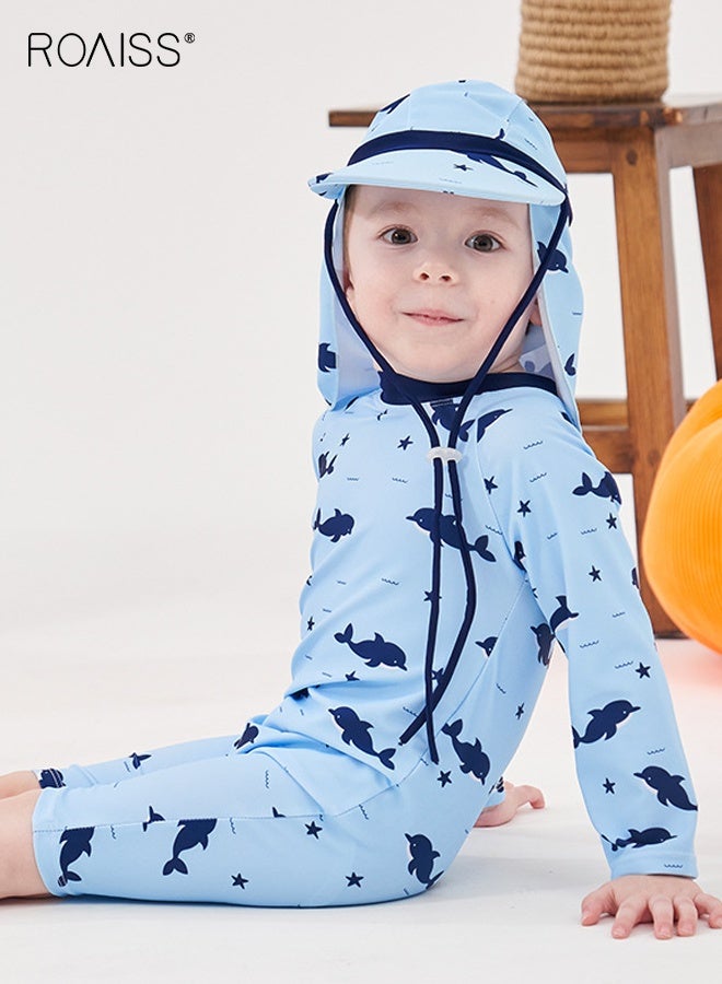roaiss Boys Swimsuit with Hat, Toddlers One Piece Swimwear with Back Zipper, Quick-drying Rash Guard Surfing Suit with Adorable Patterns  - Image 4