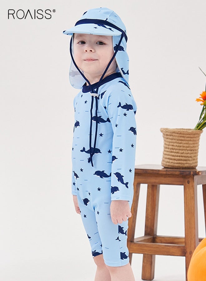 roaiss Boys Swimsuit with Hat, Toddlers One Piece Swimwear with Back Zipper, Quick-drying Rash Guard Surfing Suit with Adorable Patterns  - Image 3